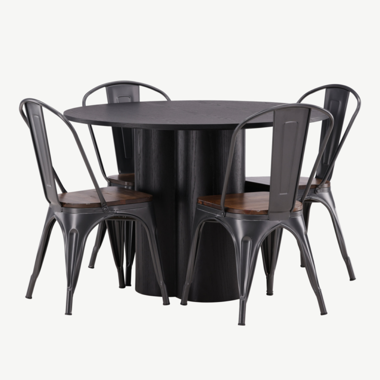 Ümmargune söögilauakomplekt Olivia (must MDF, tume pähklitooni terastoolid) - GR23109