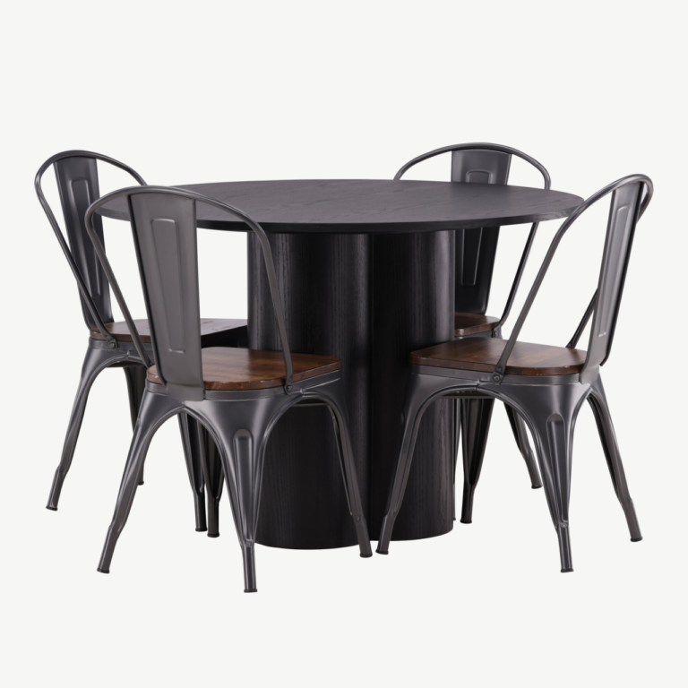 Ümmargune söögilauakomplekt Olivia (must MDF, tume pähklitooni terastoolid) - GR23109