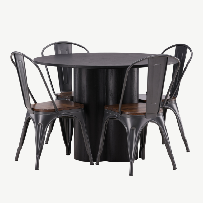 Ümmargune söögilauakomplekt Olivia (must MDF, tume pähklitooni terastoolid) - GR23109