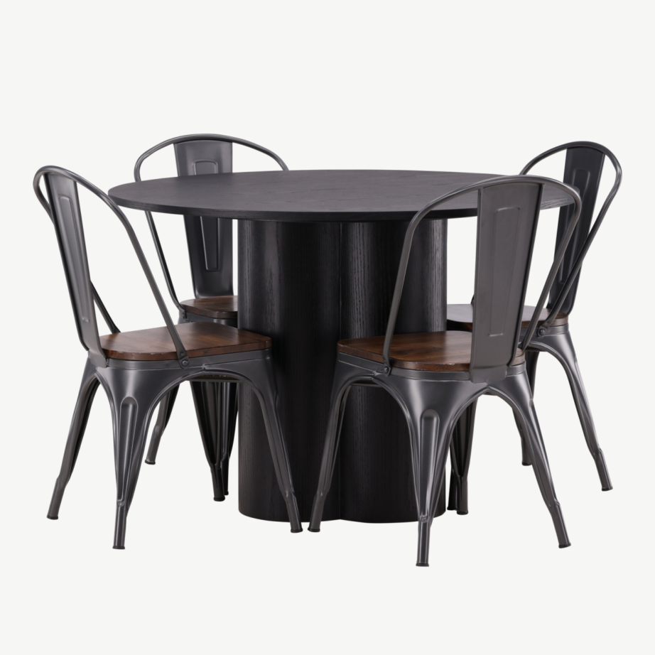 Ümmargune söögilauakomplekt Olivia (must MDF, tume pähklitooni terastoolid), GR23109 – 6
