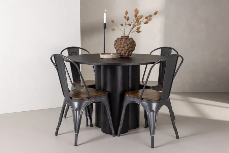 Ümmargune söögilauakomplekt Olivia (must MDF, tume pähklitooni terastoolid), GR23109 – 8
