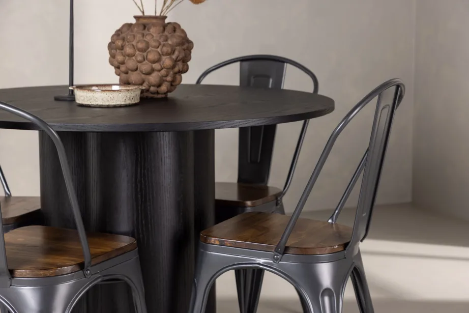 Ümmargune söögilauakomplekt Olivia (must MDF, tume pähklitooni terastoolid), GR23109 – 9