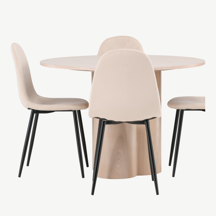 Ümmargune söögilauakomplekt Olivia (valge peits, 4 beeži velvetkattega tooli), GR22877 – 2