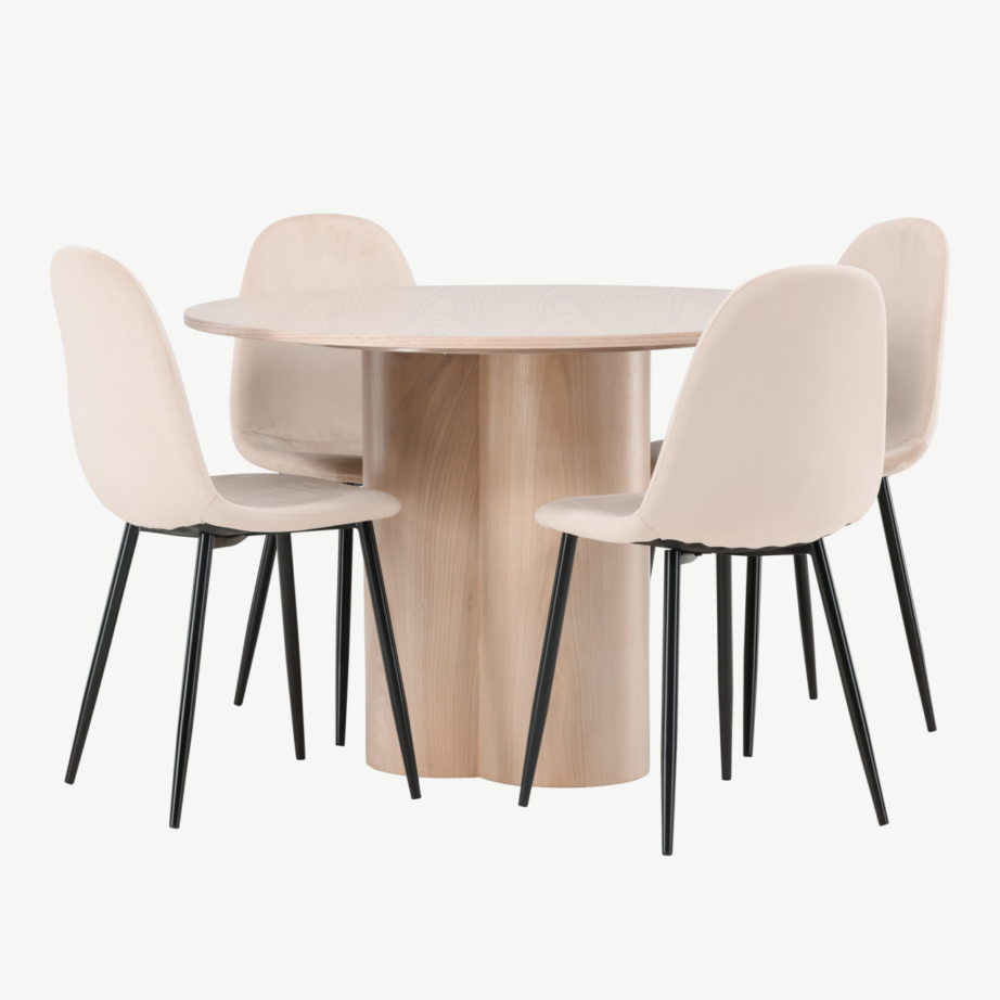 Ümmargune söögilauakomplekt Olivia (valge peits, 4 beeži velvetkattega tooli), GR22877 – 4