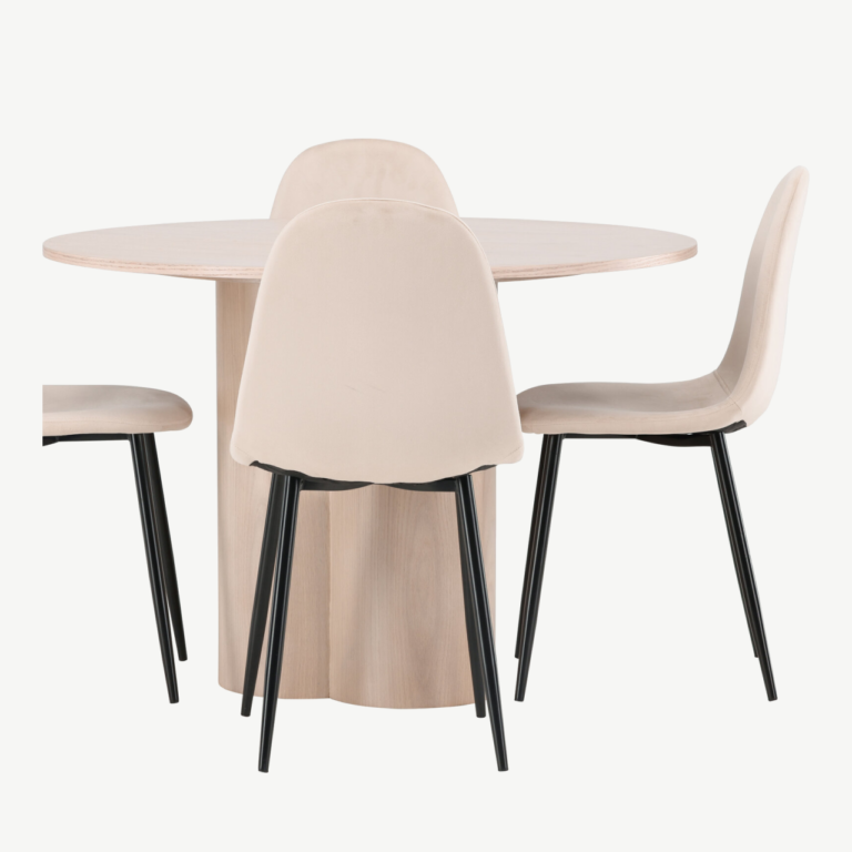 Ümmargune söögilauakomplekt Olivia (valge peits, 4 beeži velvetkattega tooli) - GR22877