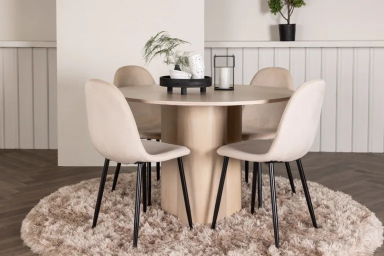 Ümmargune söögilauakomplekt Olivia (valge peits, 4 beeži velvetkattega tooli) - GR22877