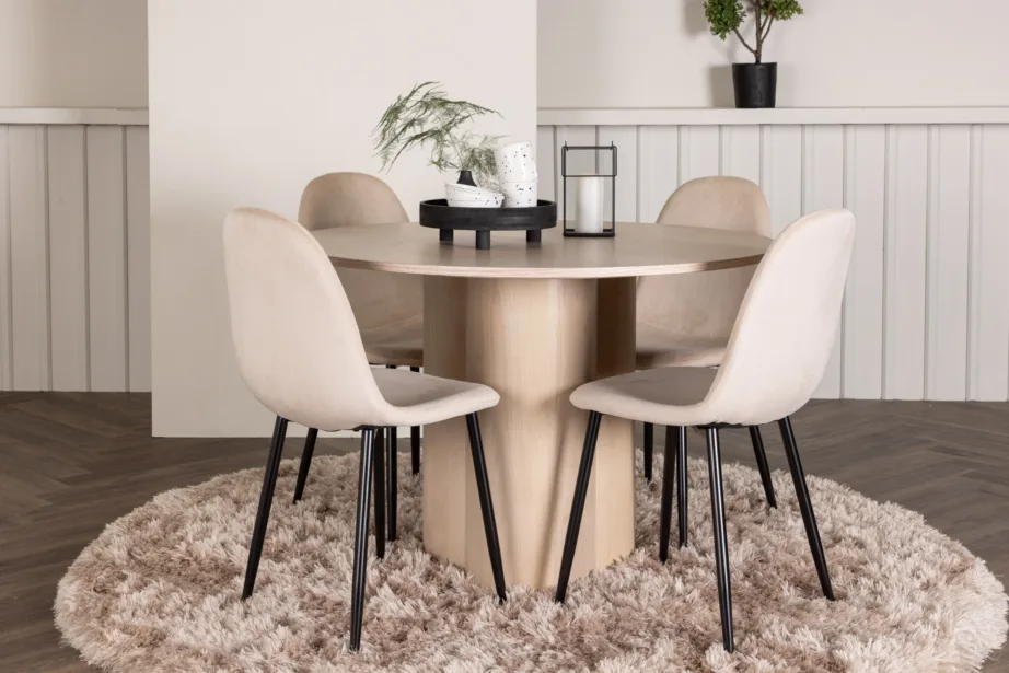 Ümmargune söögilauakomplekt Olivia (valge peits, 4 beeži velvetkattega tooli), GR22877 – 8