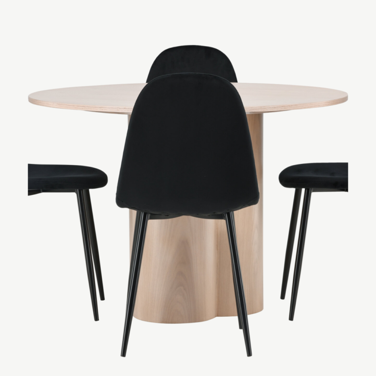 Ümmargune söögilauakomplekt Olivia, valge peitsiga MDF, 4 musta velvetist tooliga - GR22874