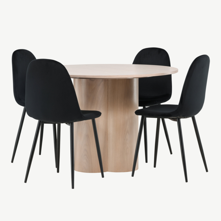 Ümmargune söögilauakomplekt Olivia, valge peitsiga MDF, 4 musta velvetist tooliga - GR22874
