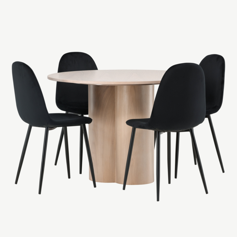 Ümmargune söögilauakomplekt Olivia, valge peitsiga MDF, 4 musta velvetist tooliga - GR22874