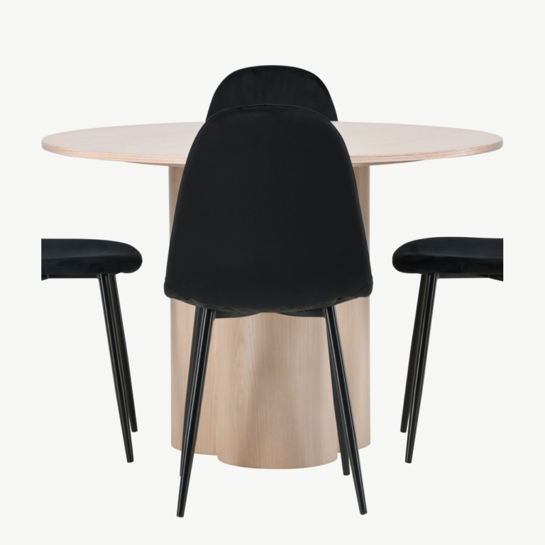 Ümmargune söögilauakomplekt Olivia, valge peitsiga MDF, 4 musta velvetist tooliga - GR22874