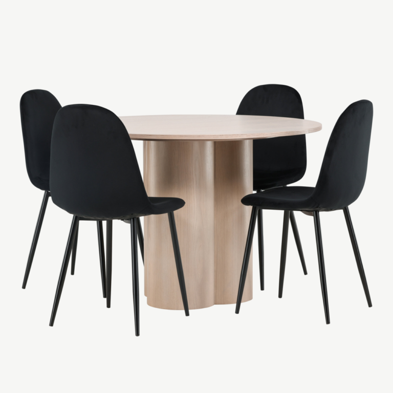 Ümmargune söögilauakomplekt Olivia, valge peitsiga MDF, 4 musta velvetist tooliga - GR22874