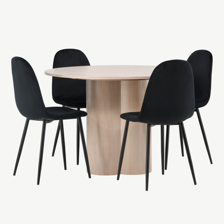 Ümmargune söögilauakomplekt Olivia, valge peitsiga MDF, 4 musta velvetist tooliga - GR22874