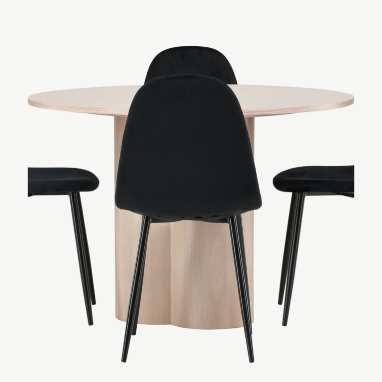 Ümmargune söögilauakomplekt Olivia, valge peitsiga MDF, 4 musta velvetist tooliga - GR22874