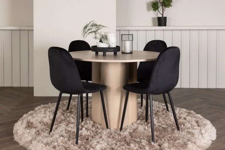 Ümmargune söögilauakomplekt Olivia, valge peitsiga MDF, 4 musta velvetist tooliga - GR22874