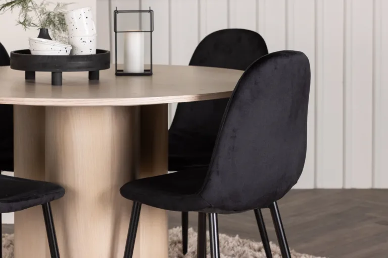 Ümmargune söögilauakomplekt Olivia, valge peitsiga MDF, 4 musta velvetist tooliga - GR22874
