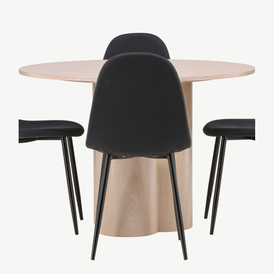 Ümmargune söögilauakomplekt Olivia (valge peitsiga laud, 4 musta Polar tooli), GR22878 – 2