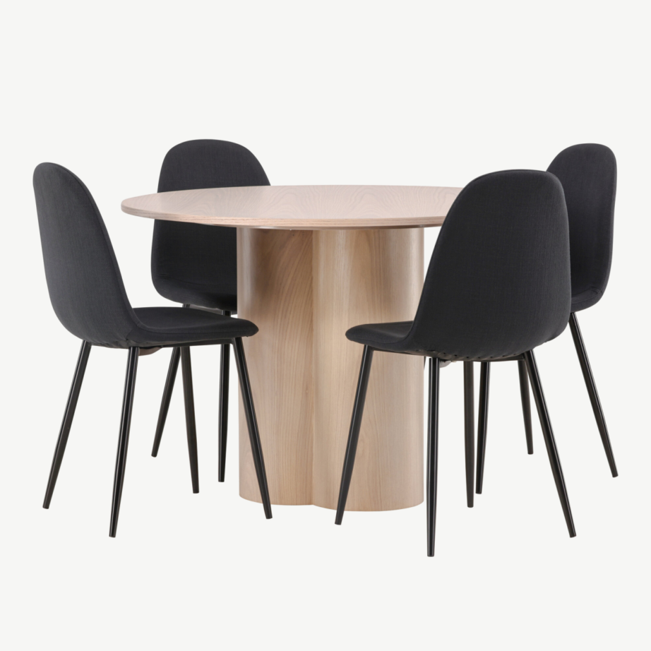 Ümmargune söögilauakomplekt Olivia (valge peitsiga laud, 4 musta Polar tooli), GR22878 – 4