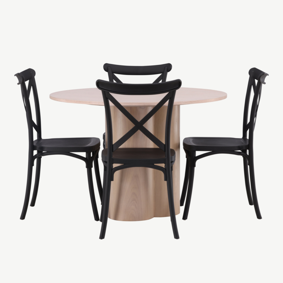 Ümmargune söögilauakomplekt Olivia (valge peitsiga laud, mustad plastiktoolid), GR23066 – 2