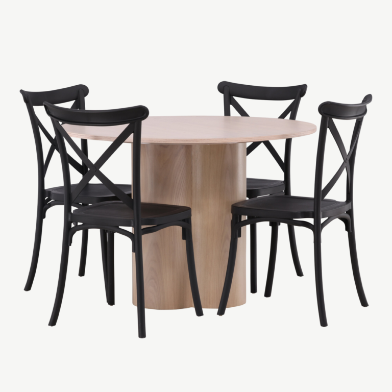 Ümmargune söögilauakomplekt Olivia (valge peitsiga laud, mustad plastiktoolid) - GR23066