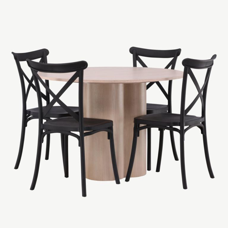 Ümmargune söögilauakomplekt Olivia (valge peitsiga laud, mustad plastiktoolid) - GR23066