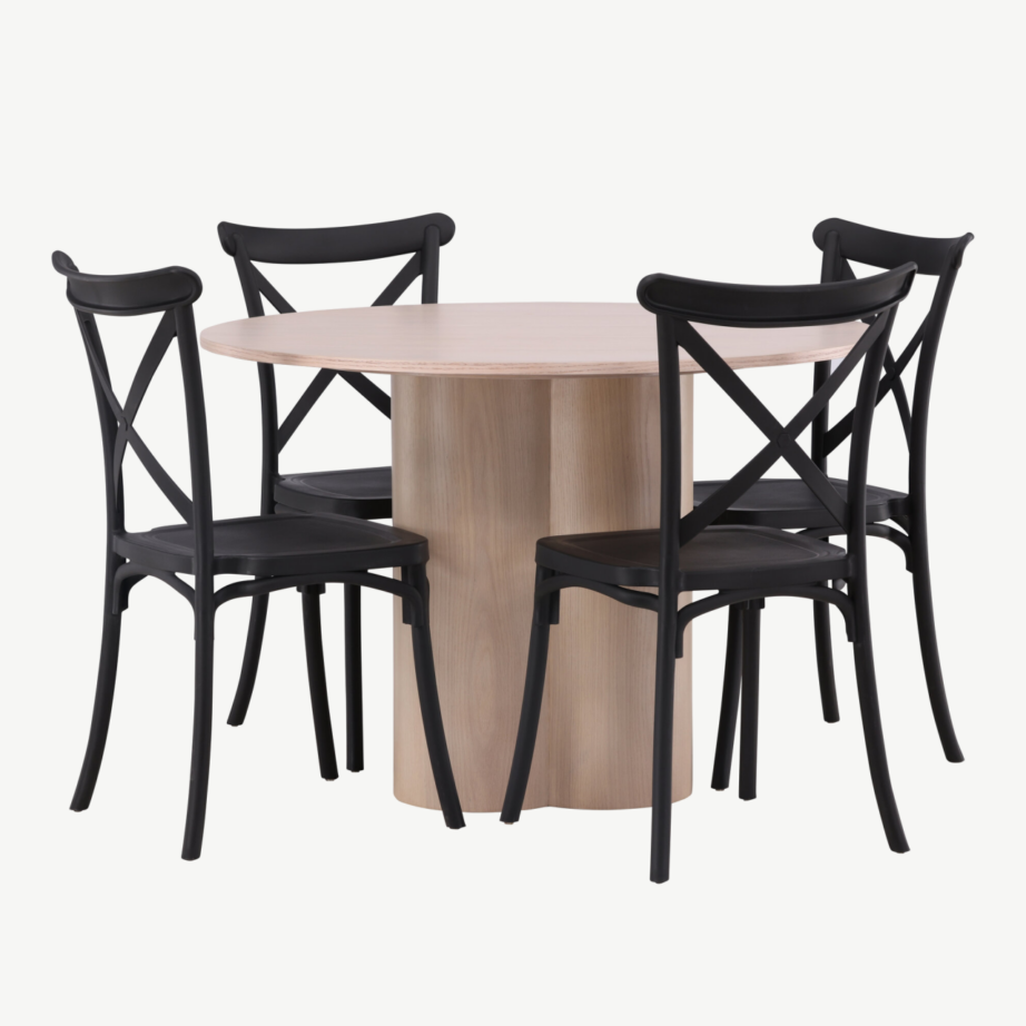 Ümmargune söögilauakomplekt Olivia (valge peitsiga laud, mustad plastiktoolid), GR23066 – 6