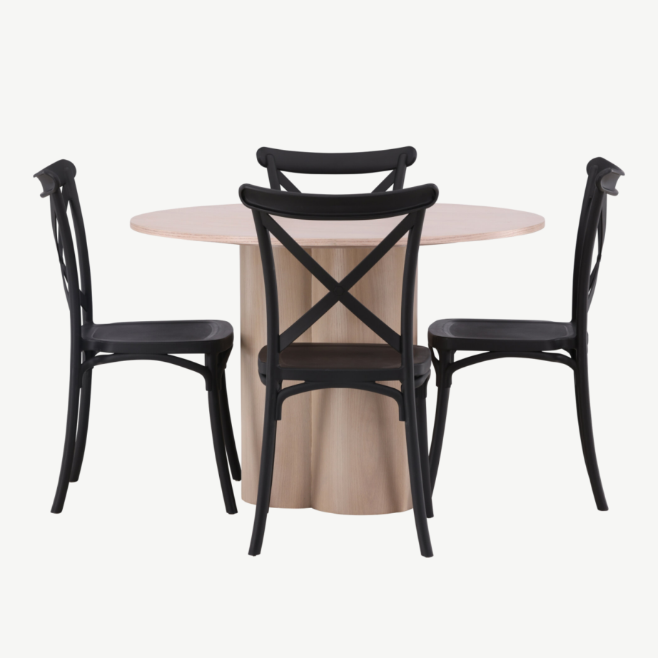 Ümmargune söögilauakomplekt Olivia (valge peitsiga laud, mustad plastiktoolid), GR23066 – 7