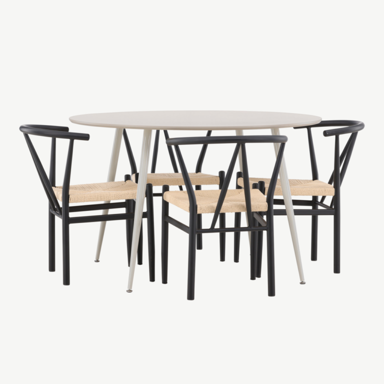 Ümmargune söögilauakomplekt Plaza (MDF, beež, 120cm) ja 4 Alfons tooli (teras, rotang) - GR24401