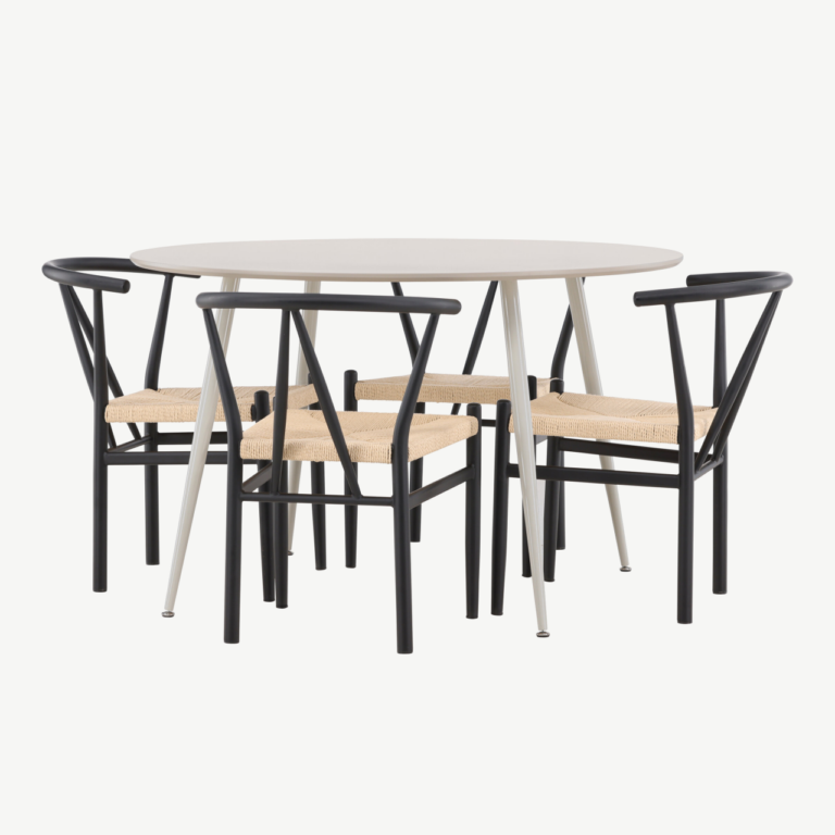 Ümmargune söögilauakomplekt Plaza (MDF, beež, 120cm) ja 4 Alfons tooli (teras, rotang) - GR24401