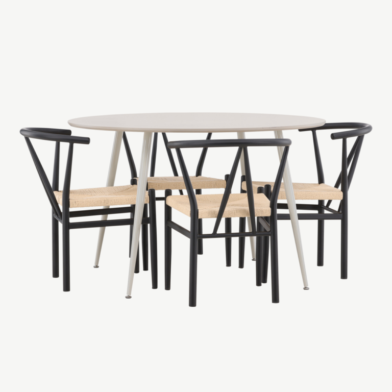Ümmargune söögilauakomplekt Plaza (MDF, beež, 120cm) ja 4 Alfons tooli (teras, rotang) - GR24401
