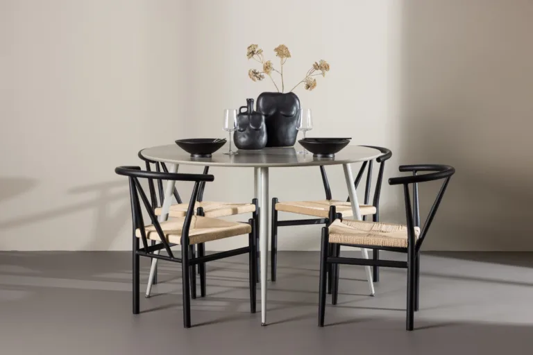 Ümmargune söögilauakomplekt Plaza (MDF, beež, 120cm) ja 4 Alfons tooli (teras, rotang) - GR24401