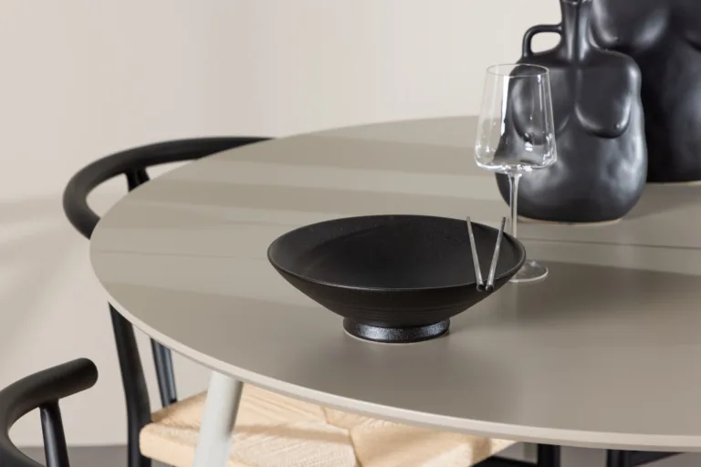 Ümmargune söögilauakomplekt Plaza (MDF, beež, 120cm) ja 4 Alfons tooli (teras, rotang) - GR24401