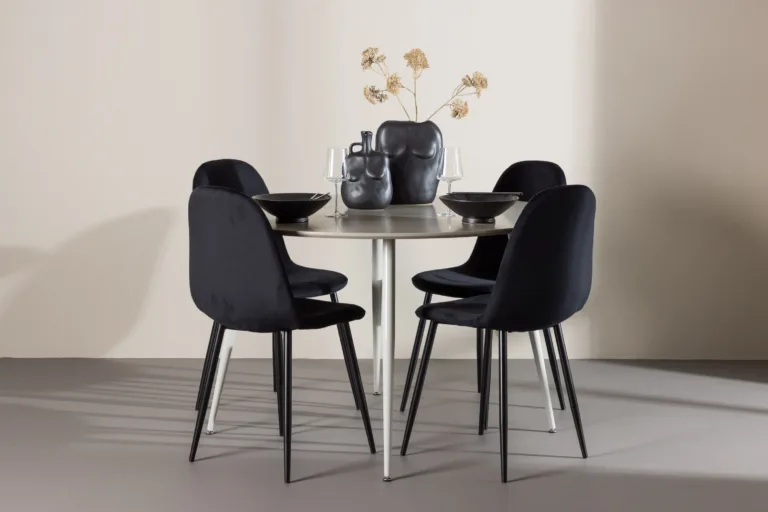 Ümmargune söögilauakomplekt Plaza (beež MDF, musta sametiga toolid, ø120 cm) - GR24410