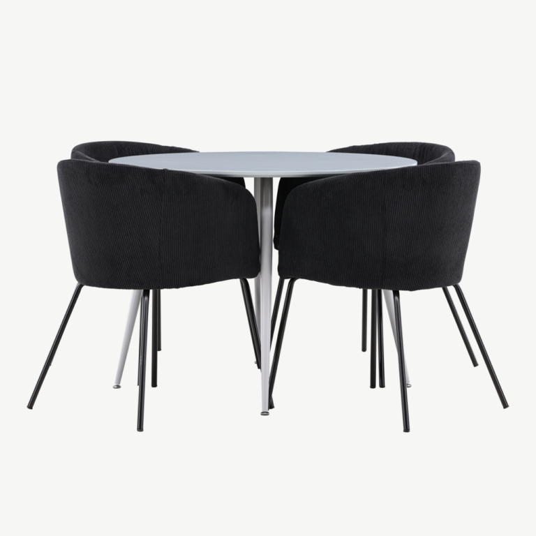 Ümmargune söögilauakomplekt Plaza hall (MDF, 100 cm) ja 4 musta buklee tooli Berit - GR24371