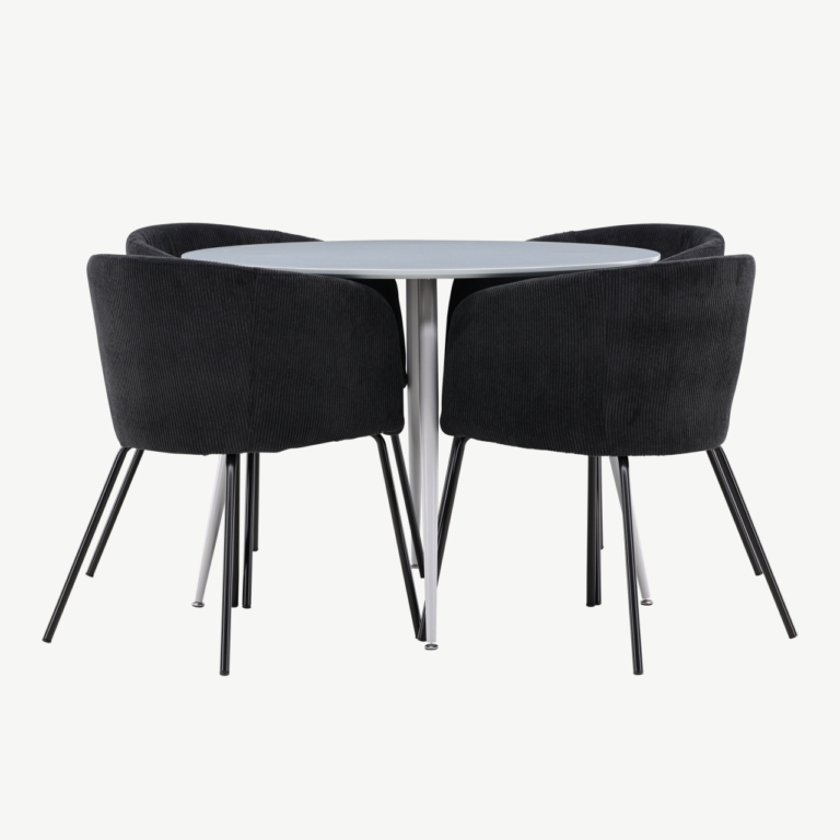 Ümmargune söögilauakomplekt Plaza hall (MDF, 100 cm) ja 4 musta buklee tooli Berit - GR24371