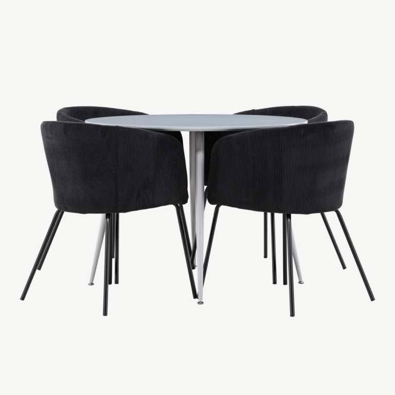 Ümmargune söögilauakomplekt Plaza hall (MDF, 100 cm) ja 4 musta buklee tooli Berit - GR24371