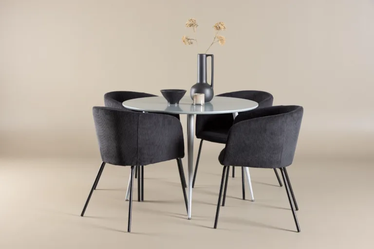 Ümmargune söögilauakomplekt Plaza hall (MDF, 100 cm) ja 4 musta buklee tooli Berit - GR24371