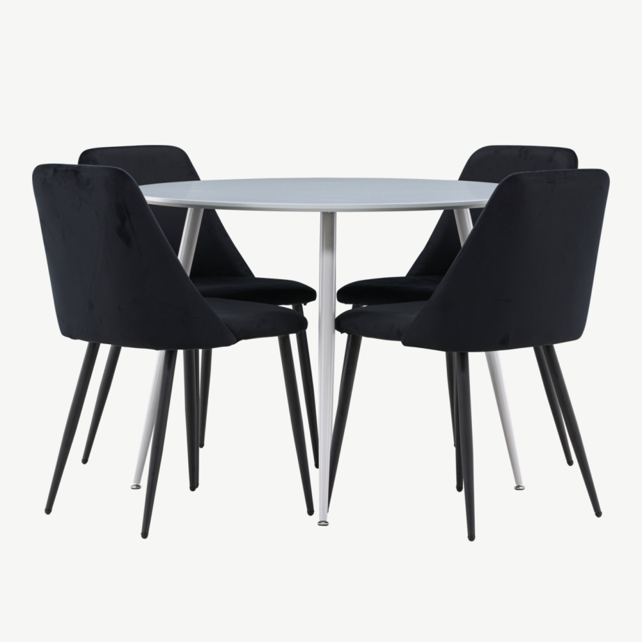 Ümmargune söögilauakomplekt Plaza hall lauaplaat ja musta velvetiga Night toolid (1 laud + 4 tooli), GR24373 – 2