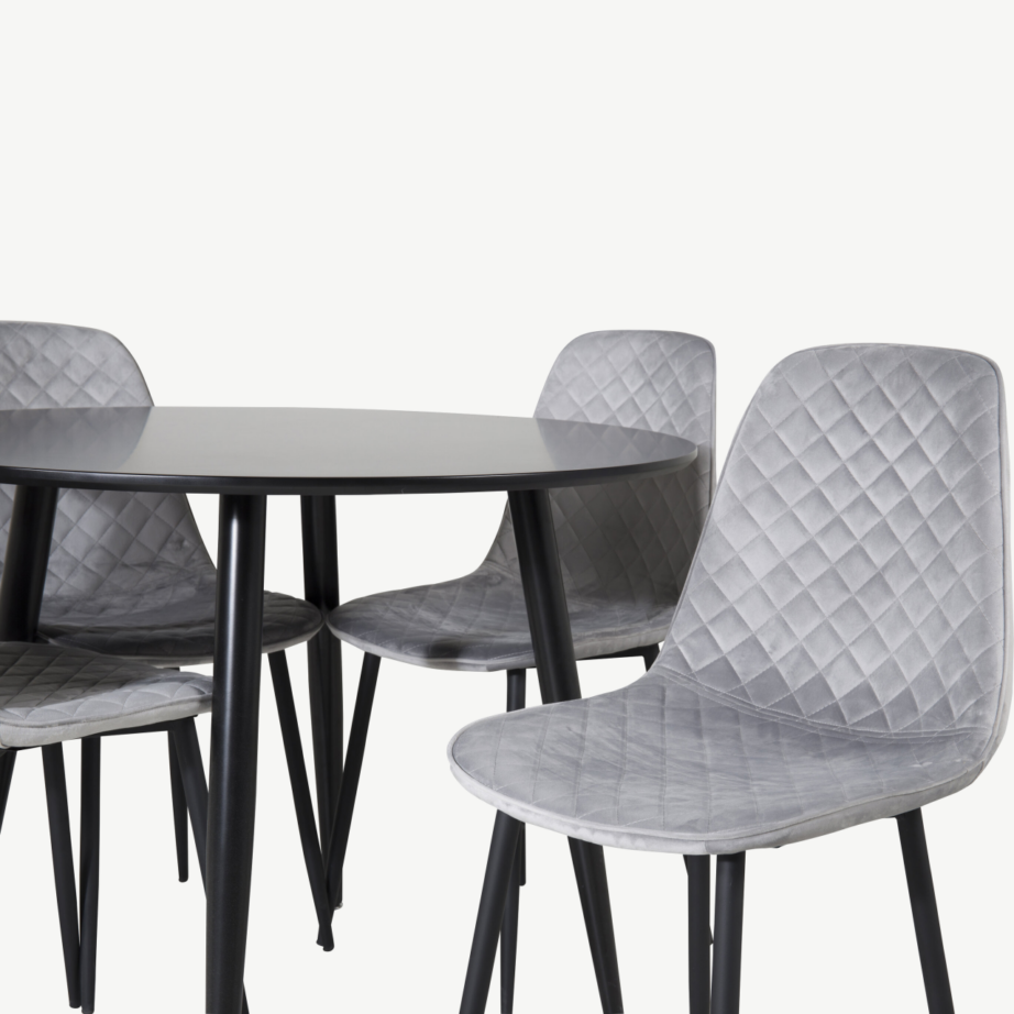 Ümmargune söögilauakomplekt Plaza musta MDF-lauaga ja hallide sametist toolidega, GR24117 – 2