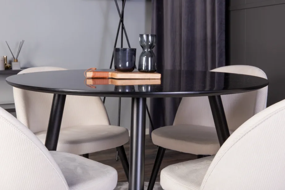Ümmargune söögilauakomplekt Plaza musta laua ja kreemide bukleetoolidega, GR24144 – 6