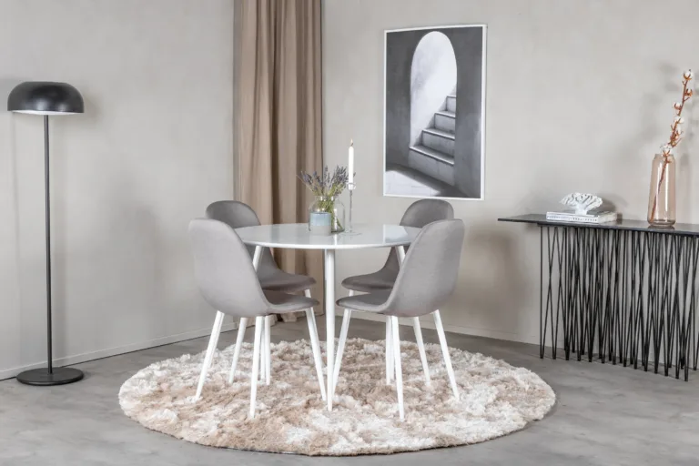 Ümmargune söögilauakomplekt Plaza nelja halli kangast tooliga - GR23991