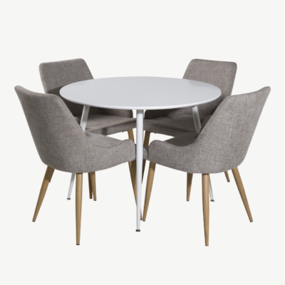 Ümmargune söögilauakomplekt Plaza (valge laud, 4 halli tooli) - GR23986