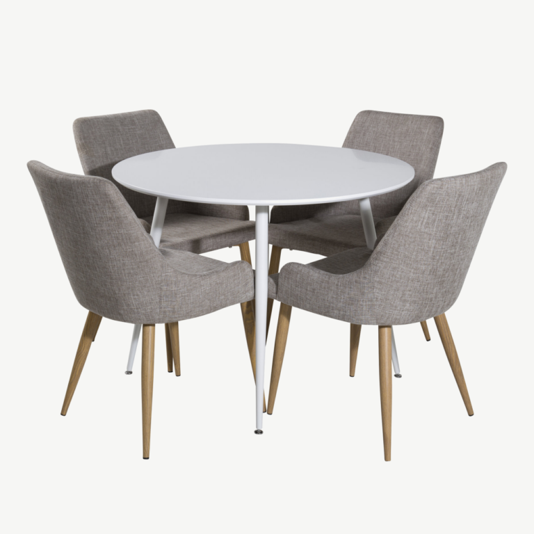 Ümmargune söögilauakomplekt Plaza (valge laud, 4 halli tooli) - GR23986