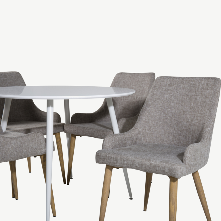 Ümmargune söögilauakomplekt Plaza (valge laud, 4 halli tooli) - GR23986