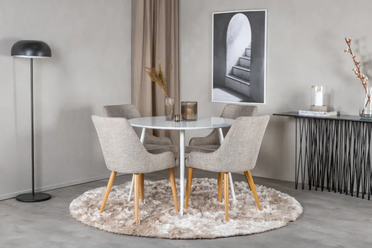 Ümmargune söögilauakomplekt Plaza (valge laud, 4 halli tooli) - GR23986
