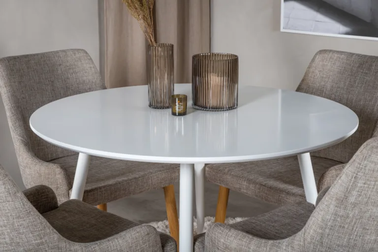Ümmargune söögilauakomplekt Plaza (valge laud, 4 halli tooli) - GR23986