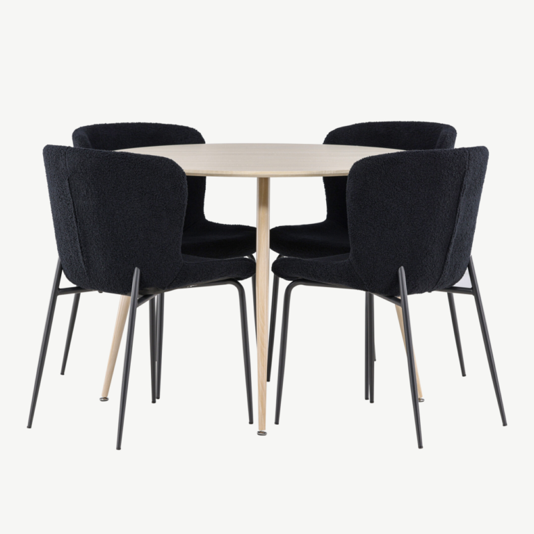 Ümmargune söögilauakomplekt Plaza (valge peits, 100 cm) ja mustad polsterdatud söögitoolid Modesto (4 tk) - GR24476