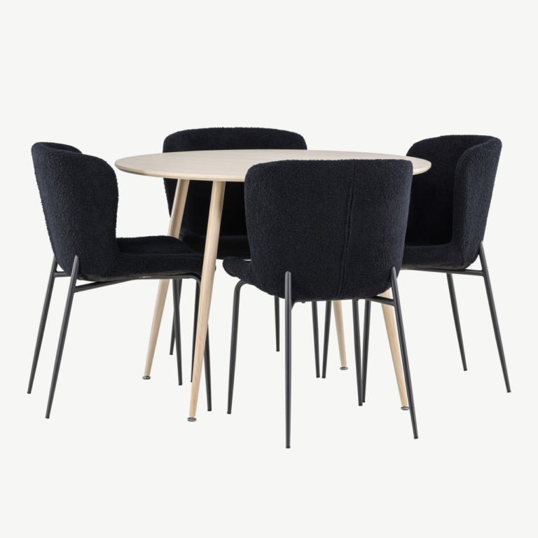 Ümmargune söögilauakomplekt Plaza (valge peits, 100 cm) ja mustad polsterdatud söögitoolid Modesto (4 tk) - GR24476