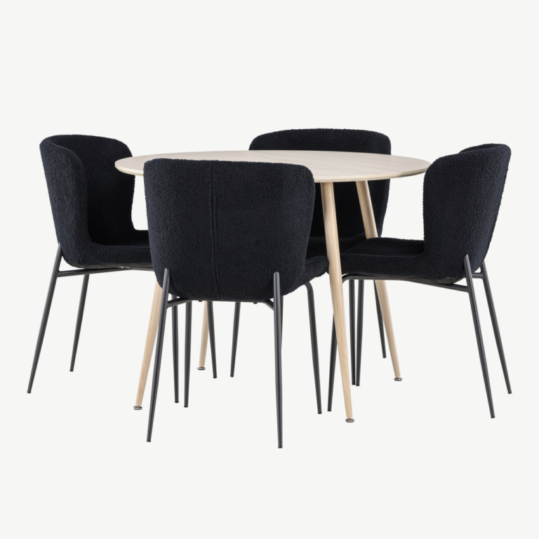 Ümmargune söögilauakomplekt Plaza (valge peits, 100 cm) ja mustad polsterdatud söögitoolid Modesto (4 tk) - GR24476
