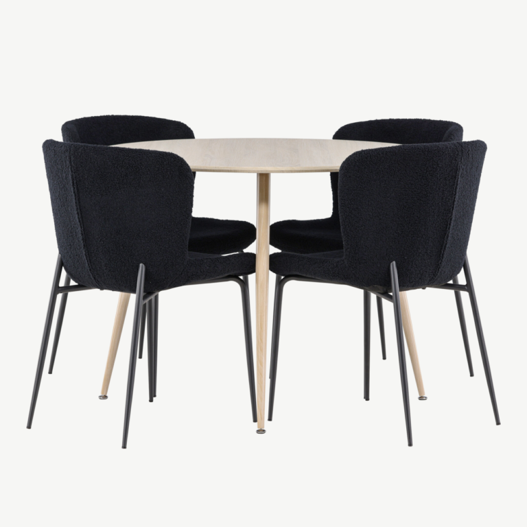 Ümmargune söögilauakomplekt Plaza (valge peits, 100 cm) ja mustad polsterdatud söögitoolid Modesto (4 tk) - GR24476